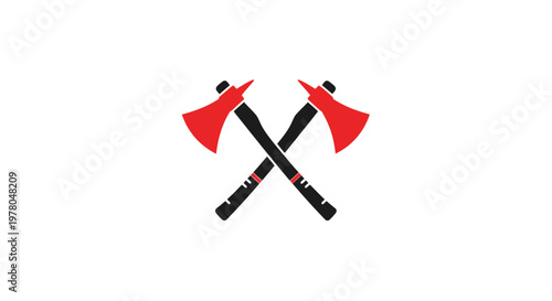 Two crossed axes with red blades and black handles on a white background