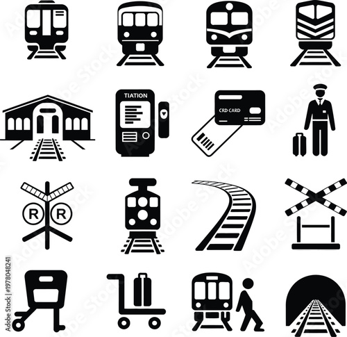 Railroad Station and Service Black and White Icon Set Vector Illustration, Railway Transport Symbols Including Train, Platform, Ticket, Signage, and Navigation Icons for UI and Design