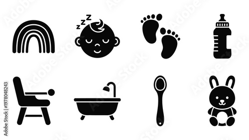 A collection of simple black glyph icons representing baby essentials like a bottle rainbow and footprints high quality professional detailed modern