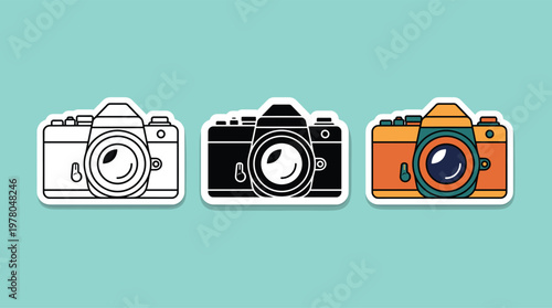 Vintage Camera Sticker Illustration Retro Photography Equipment Set in White Black and Orange Color Variations for Creative Visual Documentation