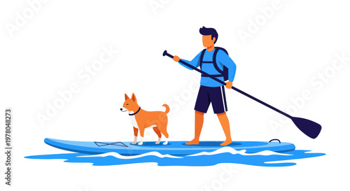 Man and Dog Paddleboarding on Water, Summer Activity, Healthy Lifestyle