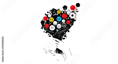 A hand holds a bouquet of colorful smiley faces and symbols representing various emotions.