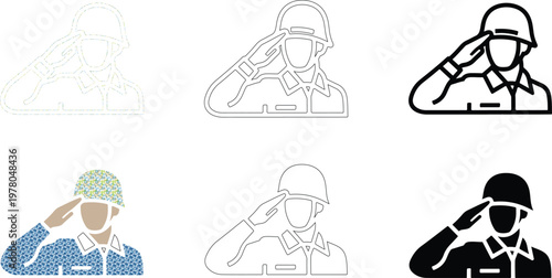 Minimalist vector illustration set featuring a saluting soldier in various graphic styles