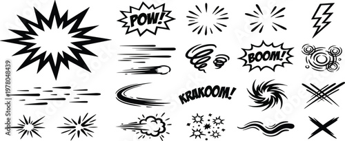 Line speed cartoon effect, boom explosive motion line element set. Comic boom burst, explosive smoke, line speed cartoon vector icon. Hand drawn sketch doodle action effect. Vector illustration