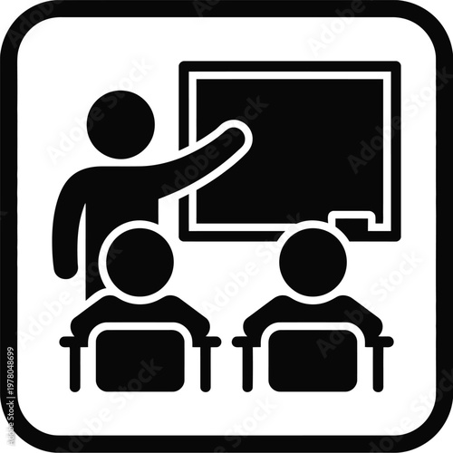 Lehrer Dozent Ausbildung Seminarraum sign, black and white symbol illustration representing teacher instructor training and seminar room guidance.