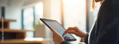Close-up of a woman's hands using a digital tablet in a bright, modern home or office setting