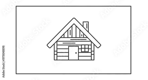 Simple Line Art Log Cabin Icon with Chimney and Window