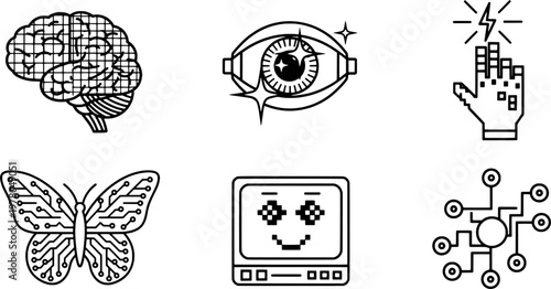 Modern 80s aesthetic artificial intelligence symbols, "Created with AI assistance and manually refined."