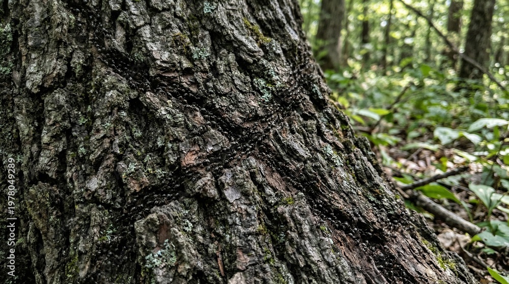 Obraz premium Army of ants marching in formation on a tree trunk in a forest