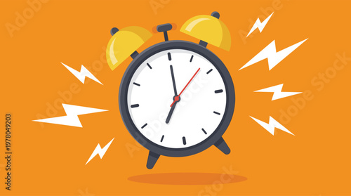Vintage Alarm Clock Illustration Classic Orange Yellow Timepiece with Lightning Bolts Showing Urgency Deadline Warning and Time Management Concept