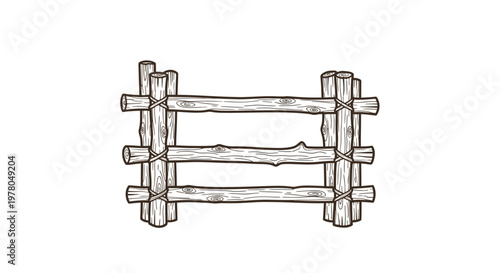 Rustic Wooden Fence Section, Hand-Drawn Style, Rural Barrier, Farm Element