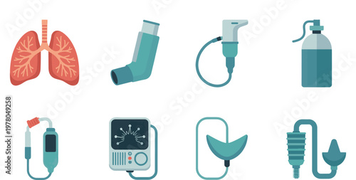 Lungs and respiratory medical equipment icons are displayed in a flat vector style to illustrate pulmonary care and diagnostic tools for patients with asthma or other chronic breathing conditions.