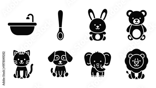 A collection of black silhouette icons depicting baby items including animals bath accessories and a spoon high quality professional detailed modern