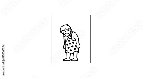 Sad caveman in animal skin, primitive man feeling down, prehistoric era character