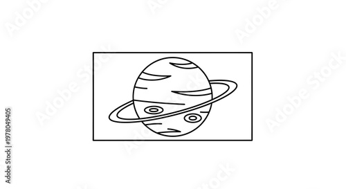 Saturn Planet with Rings and Moons, Outline Drawing, Space Exploration Icon