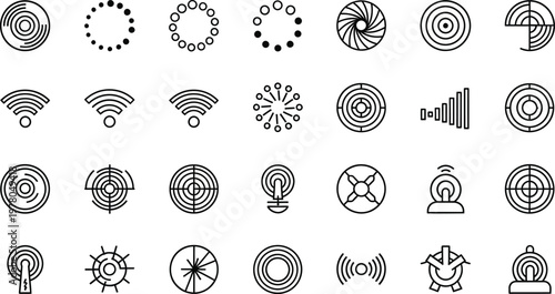 Signal symbols and circular patterns display various network connectivity and frequency concepts.