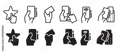 Hand Gesture Outline and Solid Icons Touch Interaction UI UX Set