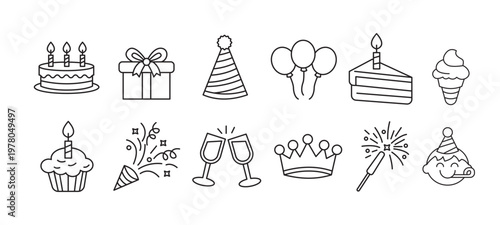 Birthday Celebration Party Icons Cake Gift Balloon Festive Set