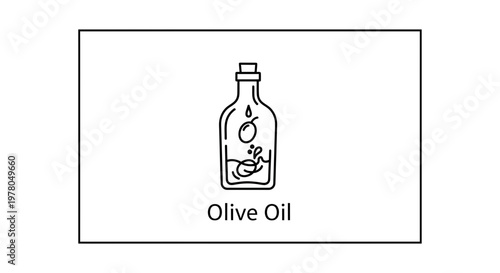 Olive Oil Bottle Icon with Olive Fruit and Leaves, Healthy Food Ingredient Line Art