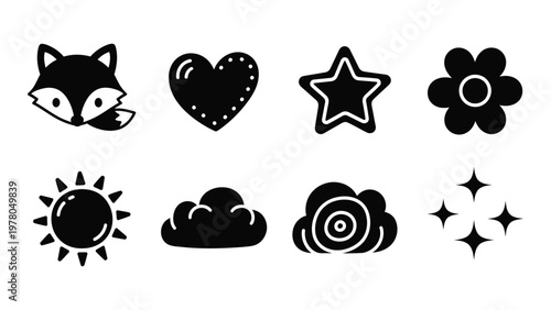 A collection of simplistic black icons displays a fox heart star flower sun cloud swirl and sparkles high quality professional detailed
