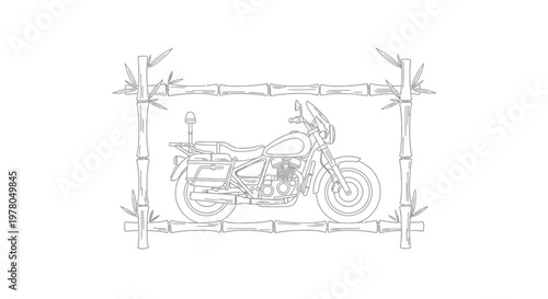 Outline of a touring motorcycle framed by bamboo stalks, minimalist line art