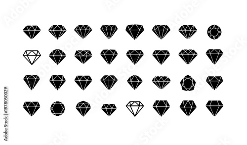 Diamond logo vector icon set with classic geometric and modern faceted symbols isolated on white