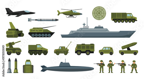 Military equipment and vehicles icon set, flat army warfare vector illustration, clean and minimal icons representing tanks, armored vehicles, helicopters, fighter jets, drones, and tactical gear