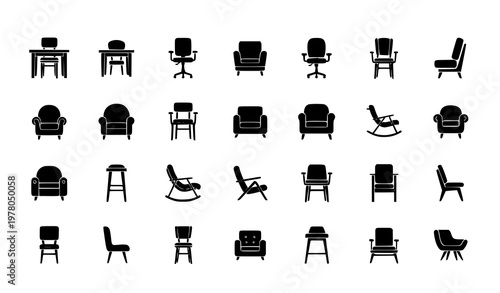 Chair vector icon set with dining, office, lounge, and stool designs in flat black silhouette style isolated on white