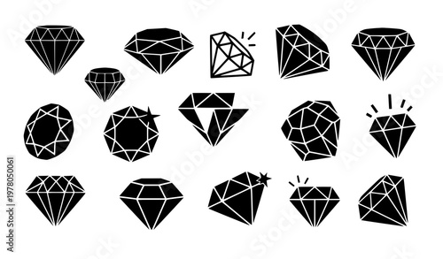 Dynamic diamond logo icon collection with faceted, geometric, and luxury gem designs in bold black vector style
