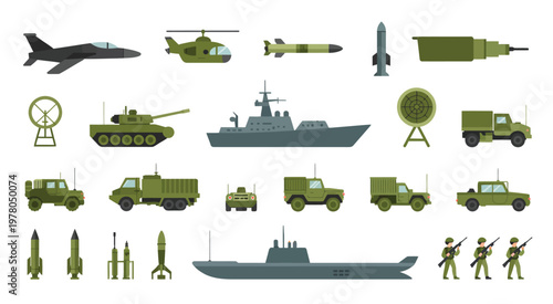 Military equipment and vehicles icon set, flat army warfare vector illustration, cohesive icon collection featuring land, air, and sea military assets, including transport units, combat machinery,