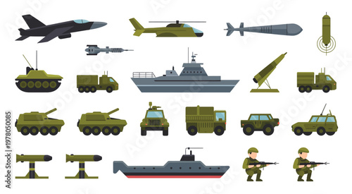 Military equipment and vehicles icon set, flat army warfare vector illustration, clean and minimal icons representing tanks, armored vehicles, helicopters, fighter jets, drones, and tactical gear
