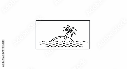 Minimalist Tropical Island Palm Tree in Ocean Waves Line Art