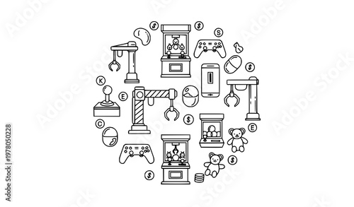 Minimalist crane claw machine icons with arcade grabber and prize elements in monoline outline style isolated on white