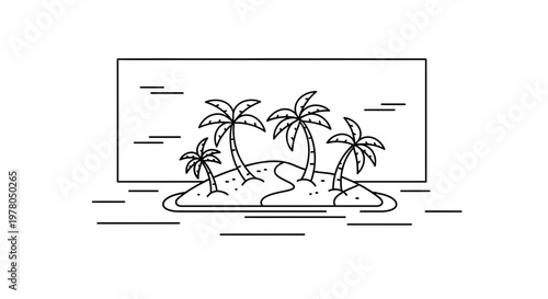 Minimalist Tropical Island Paradise with Palm Trees - Line Art Illustration