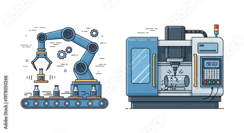 Industrial robot arm and CNC machine for manufacturing automation.