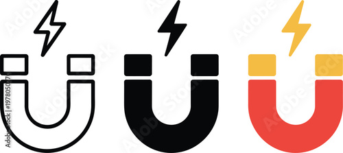 Magnet icons with lightning bolts, black white and red vector illustrations of magnets with electrical symbols for science education energy and technology graphics.