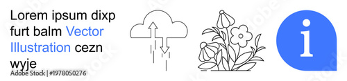Data storage, environmental awareness, nature conservation, technology, education, creativity. Cloud with arrows, flowers and information icon. Data storage and environmental awareness concept