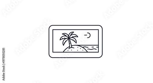Minimalist Tropical Island Paradise with Palm Tree and Sun Icon