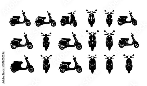 Vespa scooter silhouette vector set with classic retro and modern scooter shapes isolated on white background
