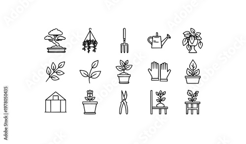 Minimalist line plants and gardening icons in monoline style with botanical and garden tool symbols isolated on white