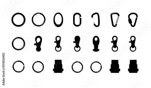 Flat key rings and clips vector set with carabiner snap hook and clasp accessories isolated on white background