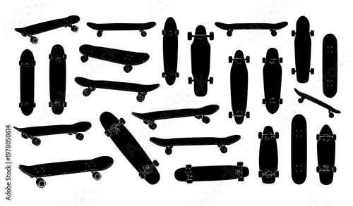 Dynamic skateboard silhouette collection with various deck styles in bold black vector set isolated on white