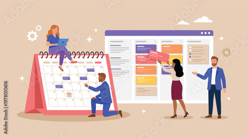 Project Management Illustration Team Organizing Tasks on Calendar Kanban Board with Colorful Cards Workflow Planning and Schedule Coordination for Productivity