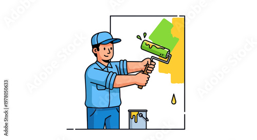 Painter man painting wall with green and yellow colors, home renovation concept