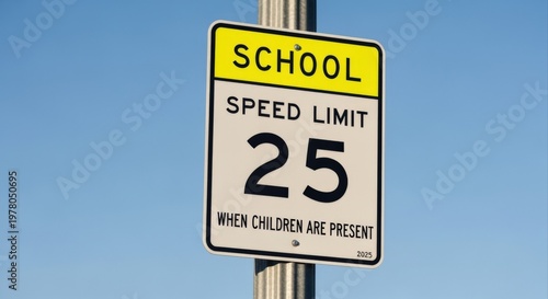 Yellow and white school speed limit 25 mph sign against a clear blue sky warning drivers