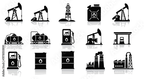 Digital illustration set of black oil pump icons on white background including drilling rigs and barrels for energy and industry concepts