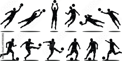Collection of dynamic soccer player silhouettes showing dribbling passing shooting and jumping actions isolated on white background