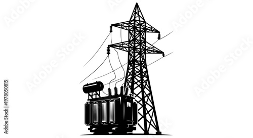 High Voltage Power Transformer and Electricity Pylon Silhouette