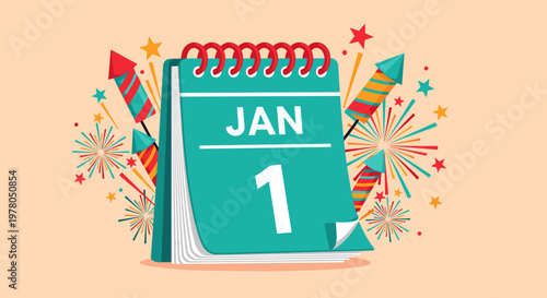 Vibrant new year's day celebration graphic with calendar fireworks and confetti on a peach background