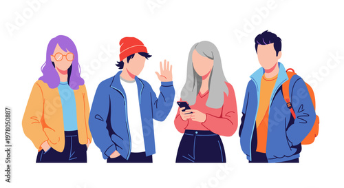 Four young adults standing in a line diverse group of friends or students with different expressions and poses casual clothing and accessories isolated on white background